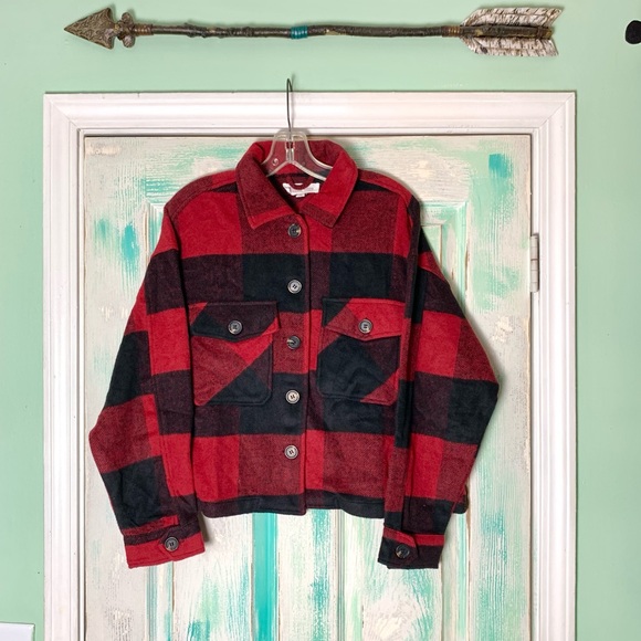 🌵Hippie Rose Red/Black Plaid Flannel Button Down Shacket Size Large🌵 - Picture 1 of 5